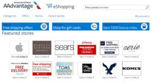 Alt text: "Screenshot of the American Airlines AAdvantage eShopping website. The top navigation bar includes links to Categories, Offers, Stores, and How it works, along with a search bar and a 'My account' link. Below are promotional banners for free shipping offers, gift cards, and earning 1,500 bonus miles for school shopping. Featured stores include Apple (earn 2 miles/$), Barneys New York Warehouse (earn 2 miles/$), Sears (earn 3 miles/$), JCPenney (earn 3 miles/$), Gap (earn 2 miles/$), Aerie (earn 2 miles/$), Office Depot/OfficeMax (earn 2 miles/$), Macy's (earn 3 miles/$), TOMS (earn 1 mile/$), Saks Fifth Avenue (earn 4 miles/$), American Eagle (earn 2 miles/$), and Kohl's (earn 2 miles/$)."