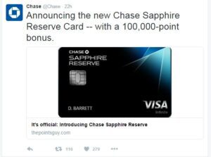 The image is a screenshot of a tweet from Chase's official Twitter account. The tweet announces the new Chase Sapphire Reserve Card, which comes with a 100,000-point bonus. The tweet includes an image of the Chase Sapphire Reserve credit card, which is black with a blue gradient and has the name "D. Barrett" on it. The card also features the Visa Infinite logo. Below the card image, there is a link to an article titled "It's official: Introducing Chase Sapphire Reserve" from thepointsguy.com. The tweet has 116 retweets and 279 likes.