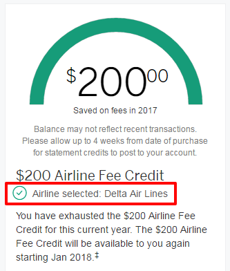 The image shows a notification about a $200 airline fee credit. It indicates that $200 was saved on fees in 2017. There is a note that the balance may not reflect recent transactions and to allow up to 4 weeks from the date of purchase for statement credits to post to the account. The selected airline is Delta Air Lines, as indicated by a green checkmark. The message also states that the $200 airline fee credit for the current year has been exhausted and will be available again starting January 2018.