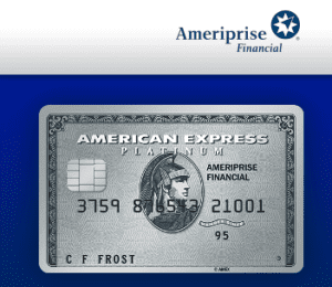 The image shows an American Express Platinum credit card with the Ameriprise Financial logo in the top right corner. The card has a silver design with the card number, cardholder name "C F Frost," and expiration date "95" displayed on it. The background of the image is a gradient of blue shades.