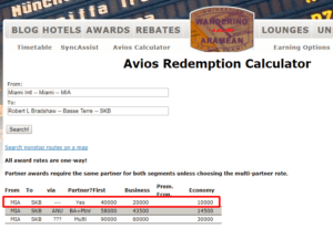 The image shows a webpage titled "Avios Redemption Calculator." The page includes fields for entering travel details, such as "From: Miami Intl - Miami - MIA" and "To: Robert L Bradshaw - Basse Terre - SKB." There is a "Search" button below these fields. The page also displays a table with columns labeled "From," "To," "Via," "Partner/First," "Business," "Prem. Econ," and "Economy." The table contains data for flights from MIA to SKB, with different partner airlines and corresponding Avios points required for each class of service. The top navigation bar includes links to "BLOG," "HOTELS," "AWARDS," "REBATES," "LOUNGES," and "EARNING OPTIONS."