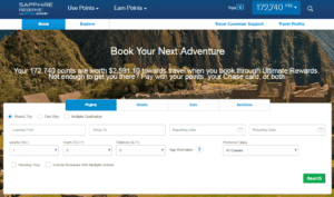 The image shows a travel booking webpage for a rewards program. The top section displays a banner with a scenic background of mountains and ancient ruins, with the text "Book Your Next Adventure." Below the banner, it states, "Your 172,740 points are worth $2,591.10 towards travel when you book through Ultimate Rewards. Not enough to get you there? Pay with your points, your Chase card, or both."

Below this, there is a booking form with tabs for Flights, Hotels, Cars, and Activities. The Flights tab is selected, and the form includes fields for Round Trip or One Way, Multi-City Destination, Leaving From, Going To, Departing Date, Returning Date, Number of Travelers, Age Information, and Preferred Class. There are also checkboxes for "Include Nearby Airports" and "Use Flexible Dates." A green "Search" button is at the bottom right of the form. The top navigation bar includes options for "Use Points," "Earn Points," "Travel Customer Support," and "Travel Profile." The top right corner shows the points balance of 172,740 points.