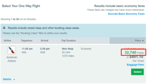 Alt text: A screenshot of a flight booking page showing a one-way flight option. The flight is with American Airlines, departing from Miami (MIA) at 11:45 AM and arriving in San Juan (SJU) at 3:29 PM. The flight is non-stop, with a duration of 2 hours and 44 minutes, covering a distance of 1,070 miles. The fare class is Economy. The price is highlighted in red, showing 32,740 points or $349.10 per ticket. There is a "Select" button to choose this flight option. Additional details and baggage fees are mentioned at the bottom.